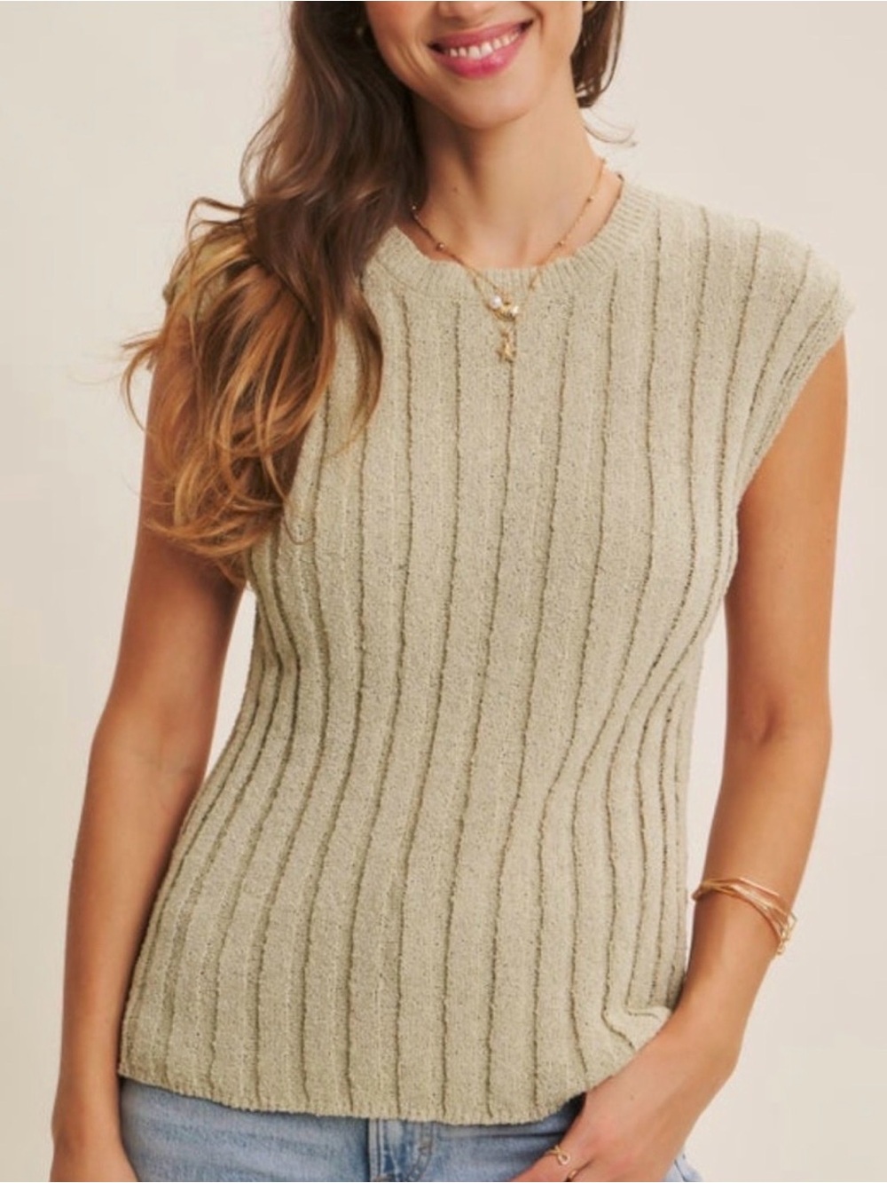 In February Ribbed Sleeveless Sweater Top - Sage Green